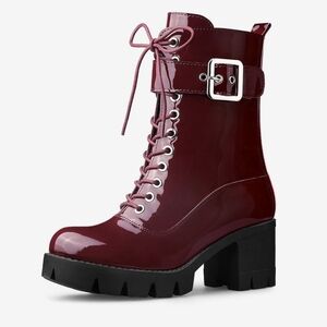 Allegra K Glossy Burgundy Combat Boots